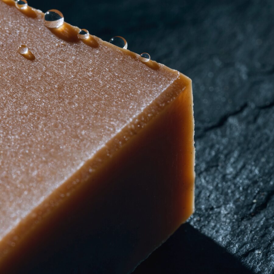 Dense and finely milled, with no SLS — so it won't foam dramatically. Lather is theatre.
